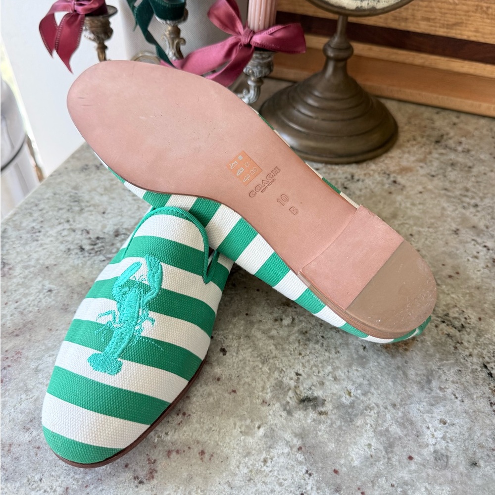 Coach Lobster Stripe Loafers Size 10B | Green White Preppy Coastal Flats - Picture 3 of 4